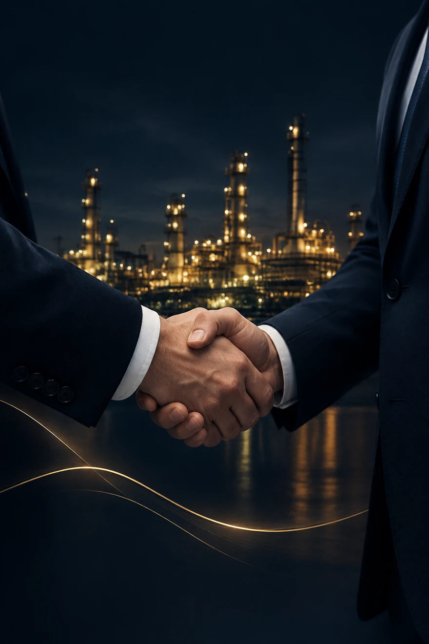 Two people shaking hands in front of a lit petrochemical plant at dusk.
