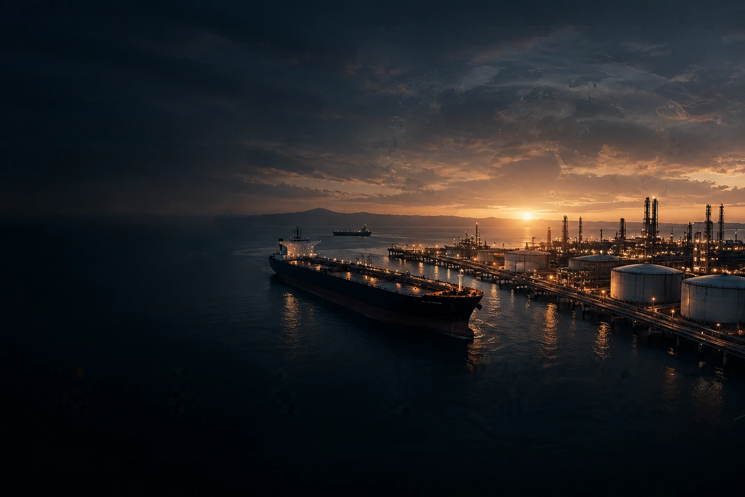 A tanker berthed alongside a refinery terminal at sunset.